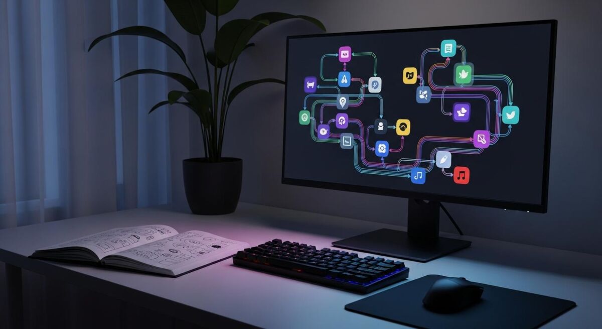 Multiple software platform icons connected by data lines on a laptop screen