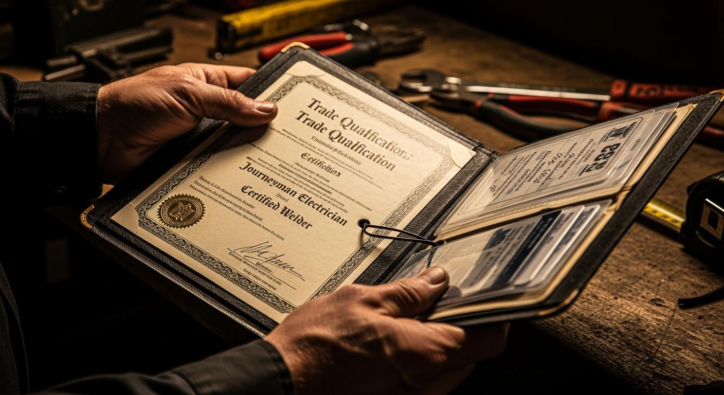 Tradesperson reviewing certification documents and qualifications