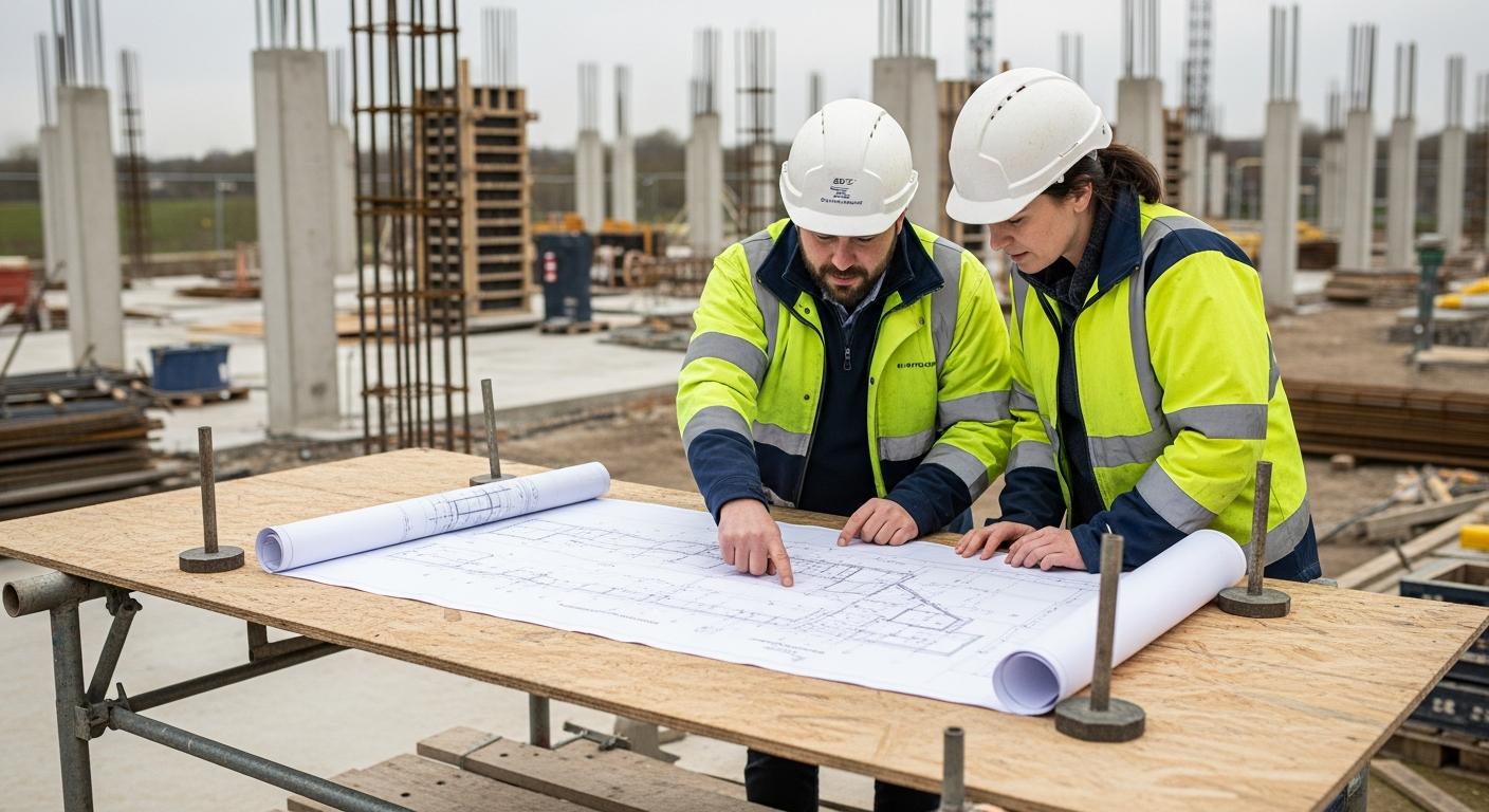Construction workers reviewing building plans on a high-rise residential site