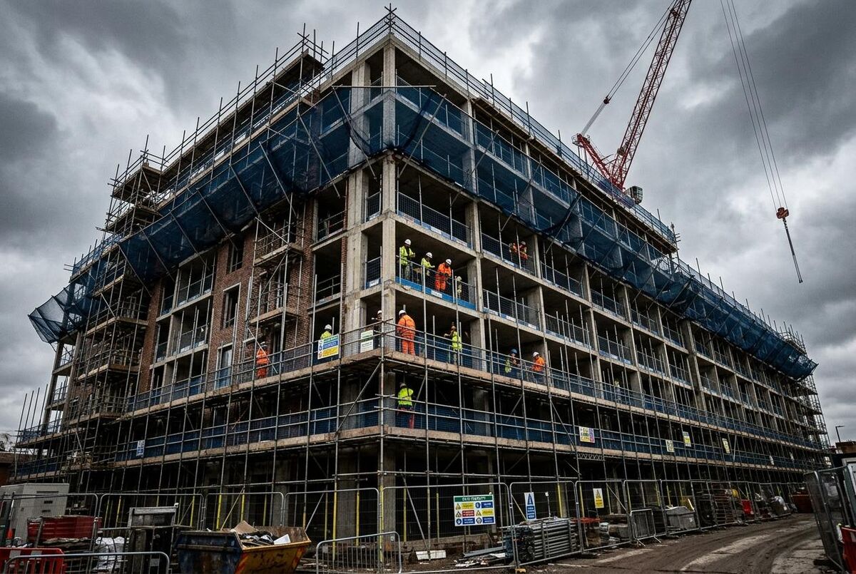 Multi-storey residential building under construction with scaffolding and safety netting