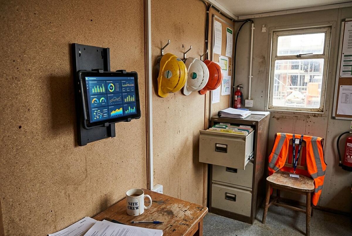 Construction site portacabin with a tablet showing digital dashboard for building safety records