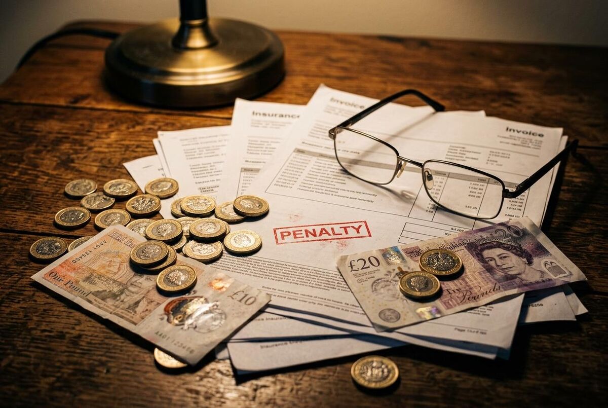 British pound coins and banknotes on invoices with a penalty stamp