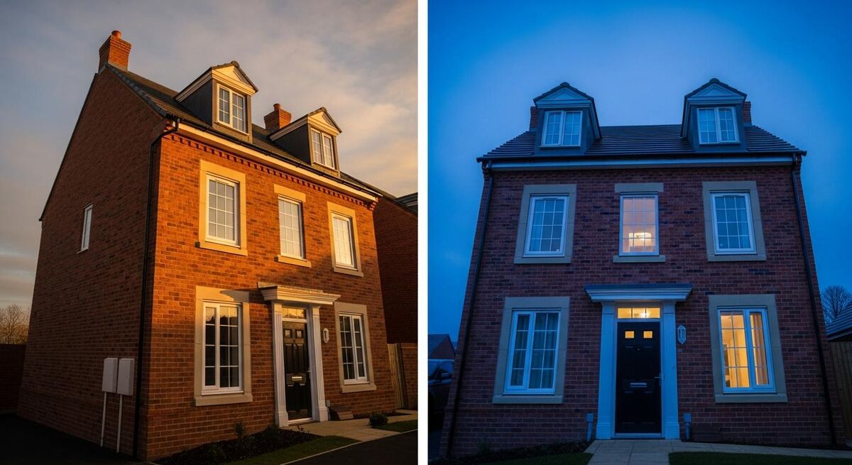Two identical houses side by side, one with a high price tag overlay representing London and one with a low price tag overlay representing County Durham
