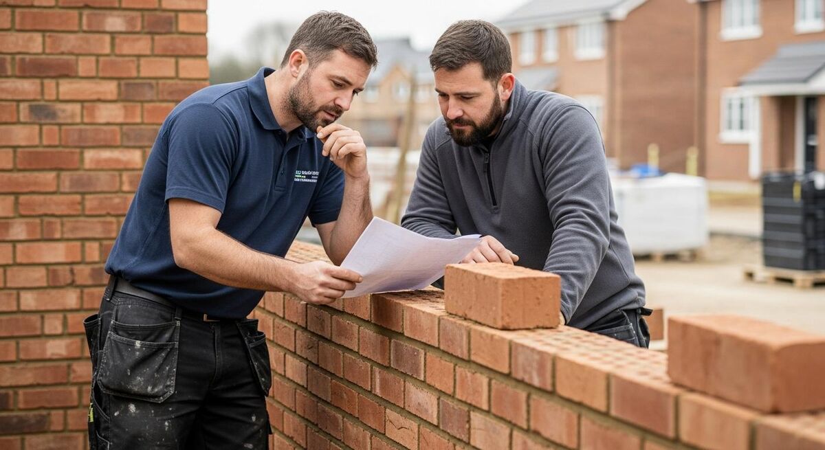 A bricklayer and a plumber on a residential building site reviewing a contract together