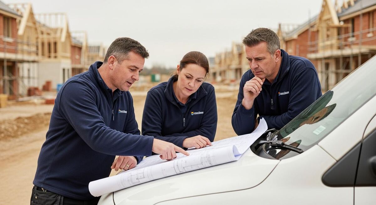Residential housebuilders reviewing plans for a new housing development site
