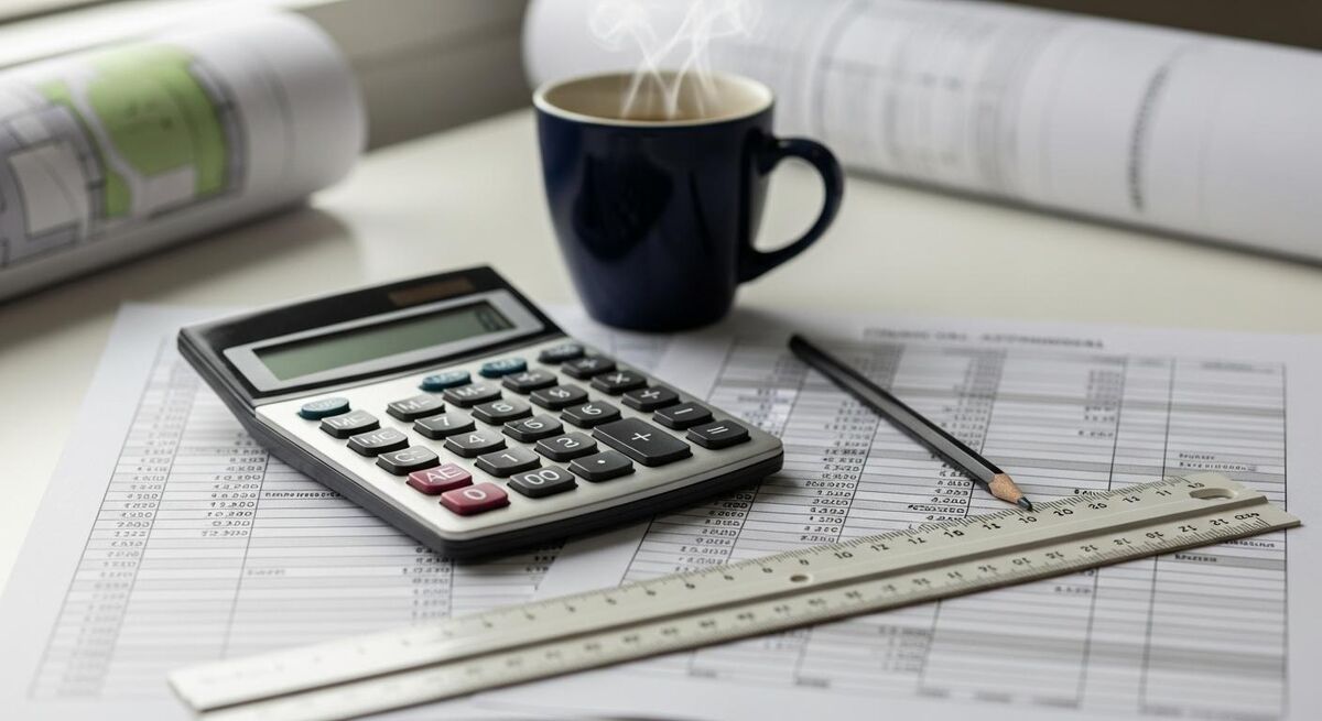 UK residential housing development with a calculator and policy documents on a site office desk