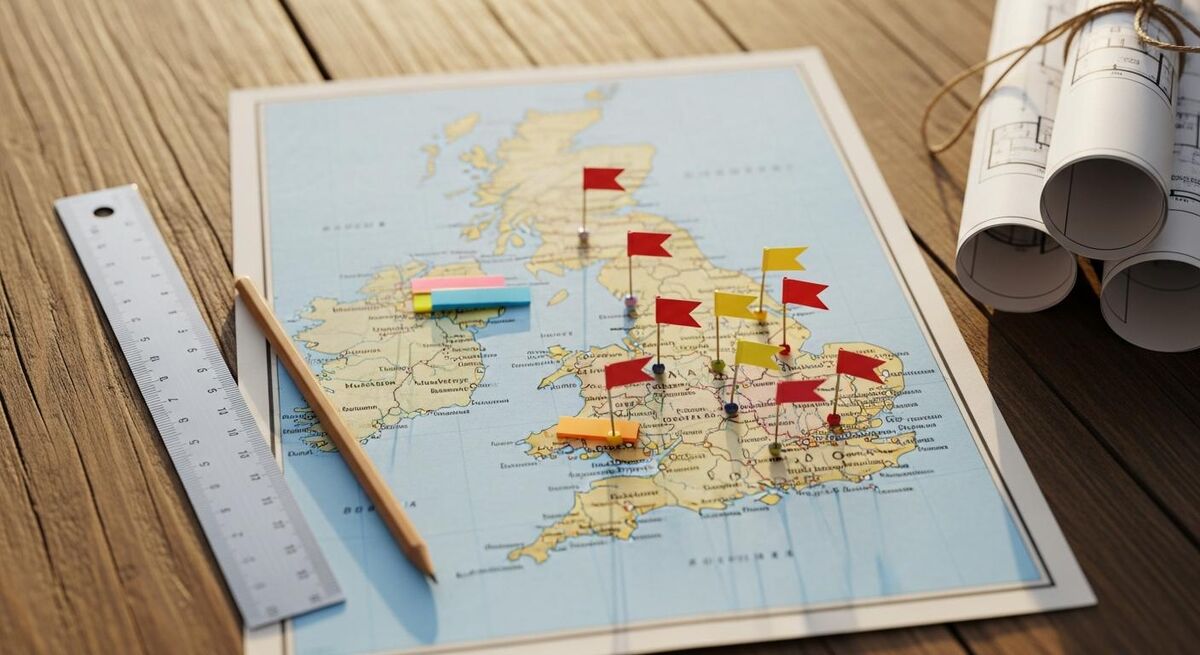 Map of the United Kingdom with property prices and tax rate overlays