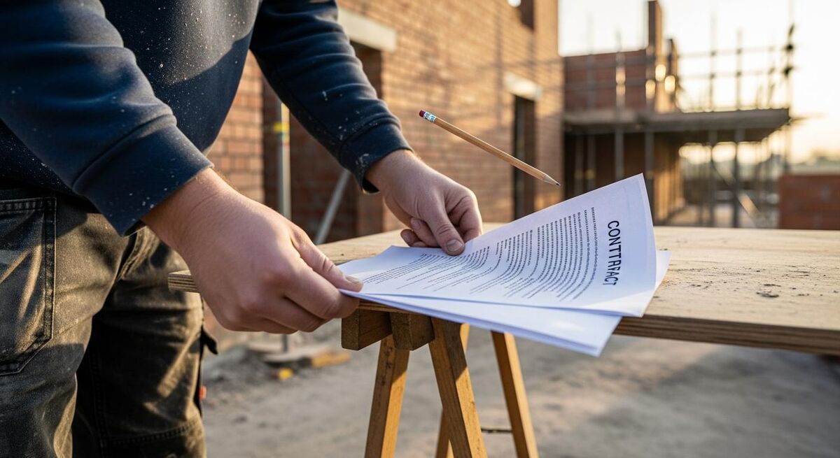 A subcontractor reviewing a contract document on a residential building site