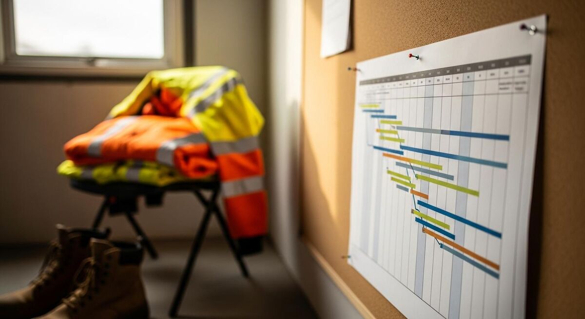 A construction site office wall with a project timeline and key milestones marked