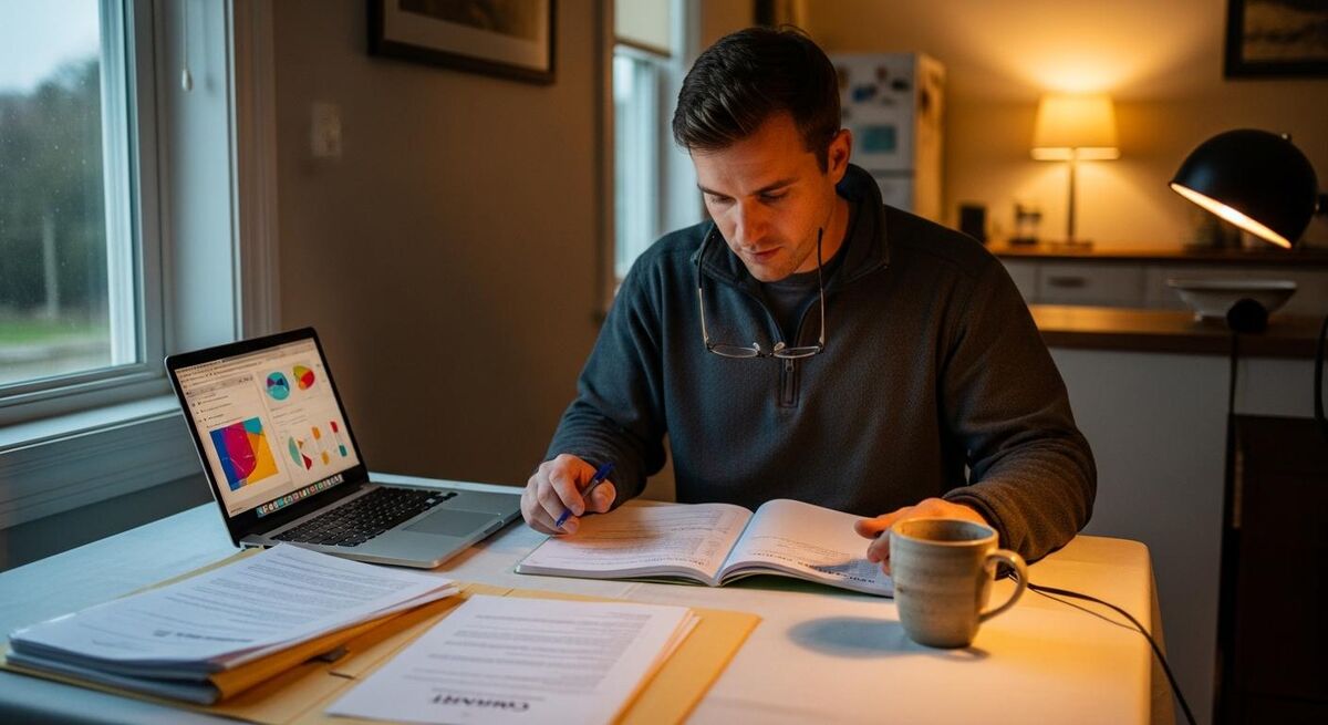 A heating engineer studying course materials at a kitchen table with funding paperwork laid out