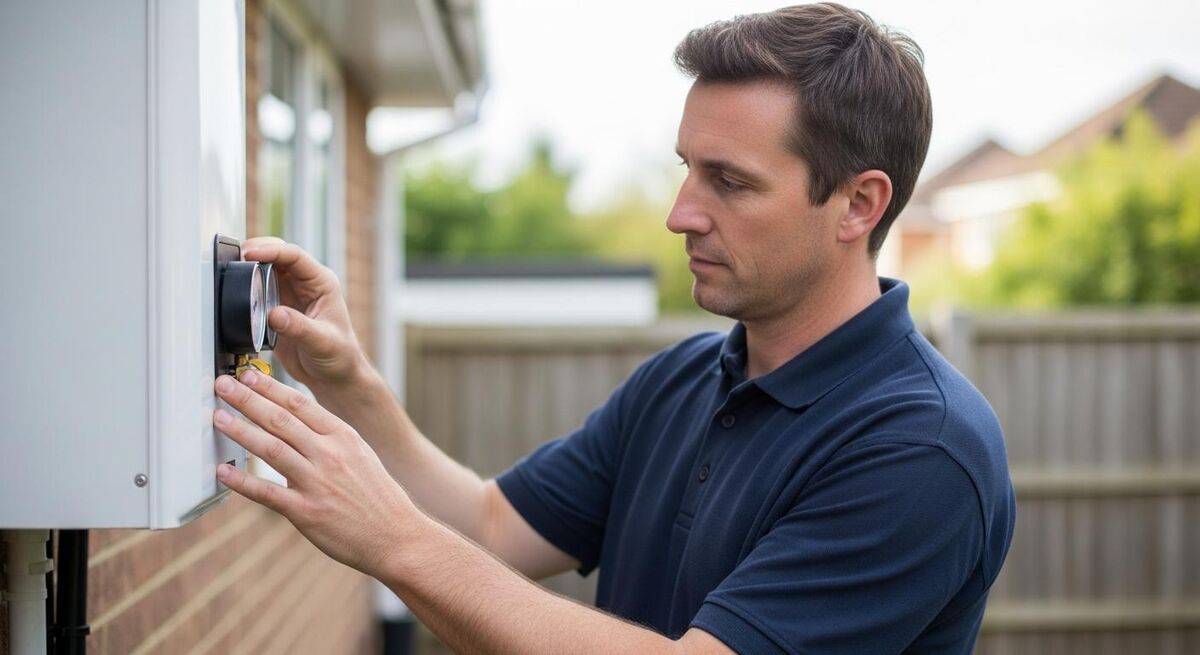 A heating engineer checking system pressure on an air source heat pump installation