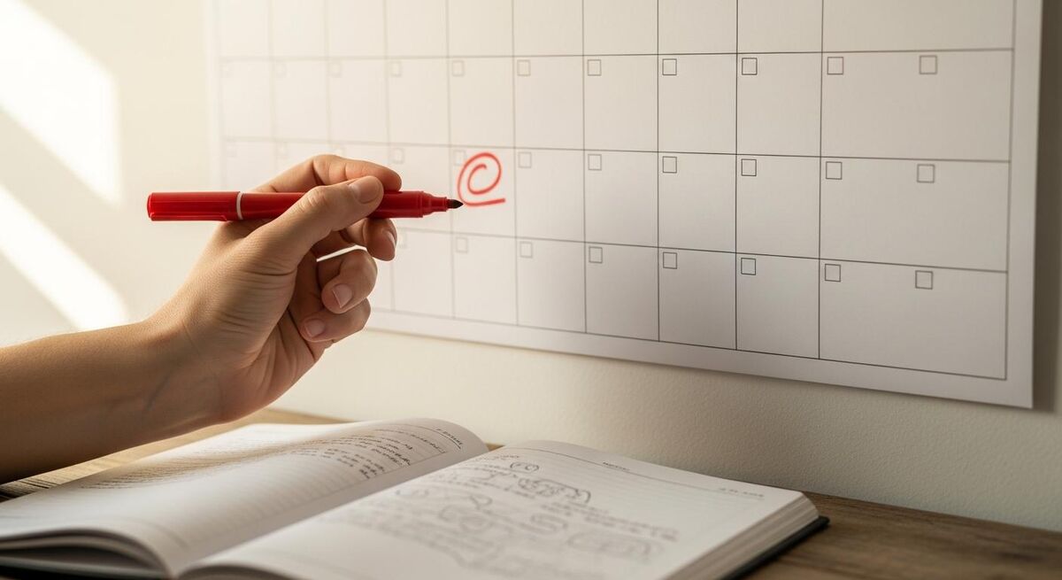 Wall calendar with April and January highlighted, sitting beside a calculator on a desk