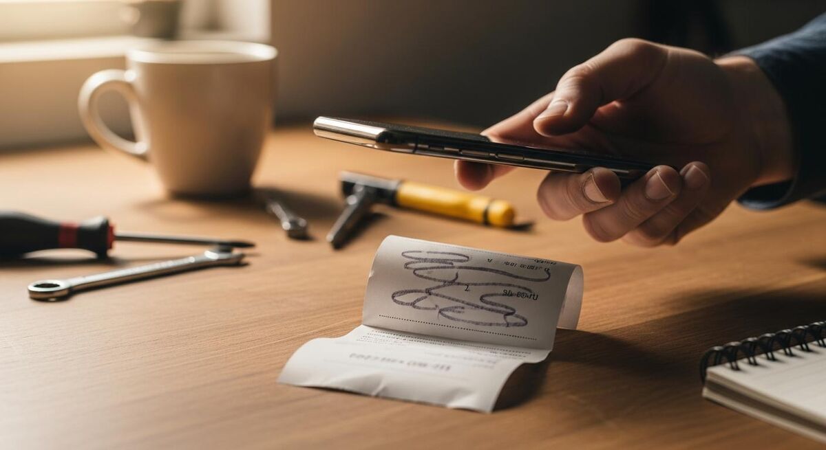 Hand holding a phone over a paper receipt on a workshop bench, with the phone screen face down