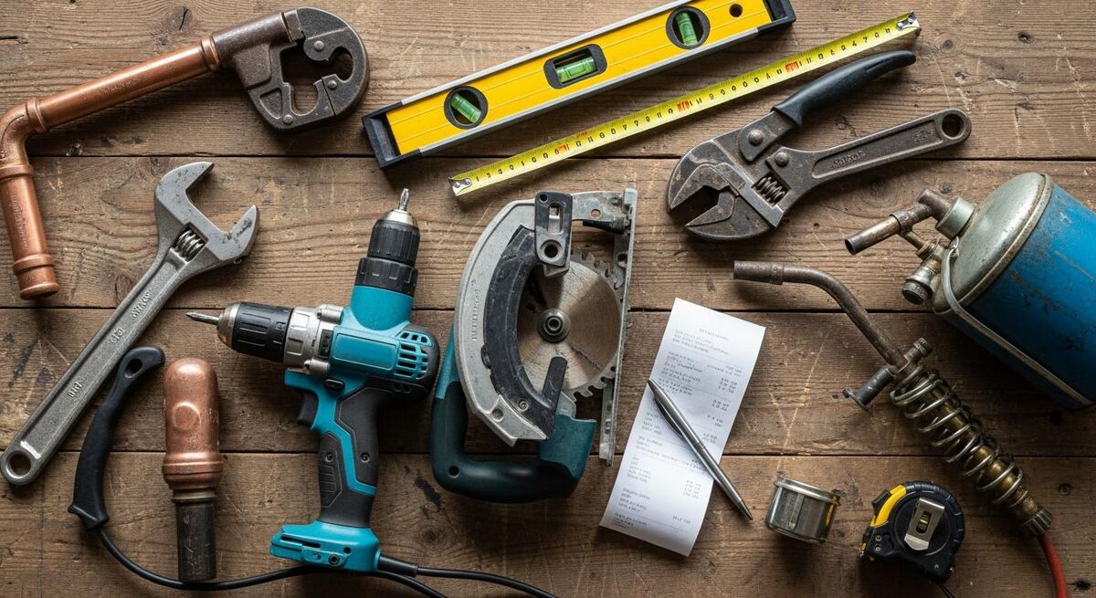 Tradesperson tools laid out on a workshop bench with a paper invoice and pen