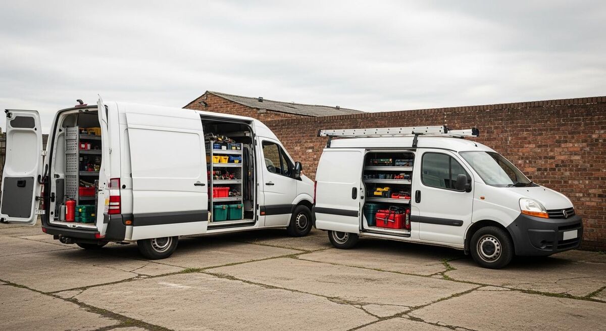 Two work vans parked in a small business yard with the side doors open and tools visible inside