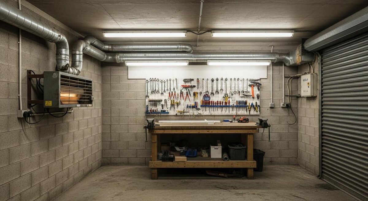 Inside of a trades workshop showing fitted lighting, ventilation ducting, and a wall heater