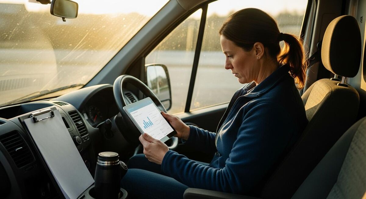 Tradesperson holding a tablet showing an AI-generated cash flow chart over a spreadsheet