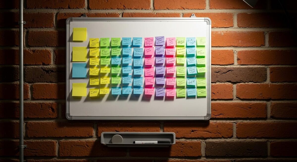 Jobs whiteboard with sticky notes showing customer names and expected payment dates
