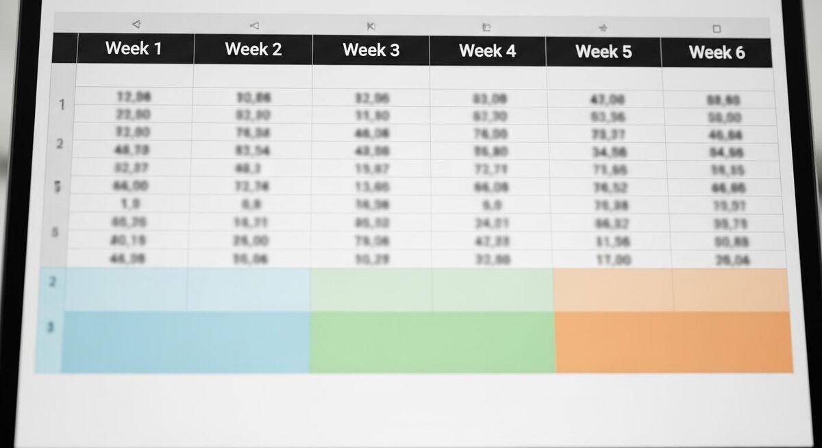 Close-up of a six-column spreadsheet grid showing weekly cash positions