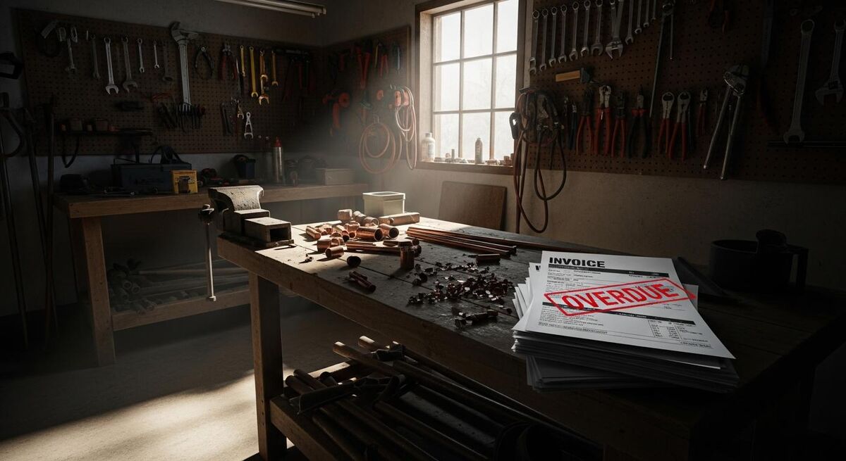 Empty workshop with invoices scattered on a workbench