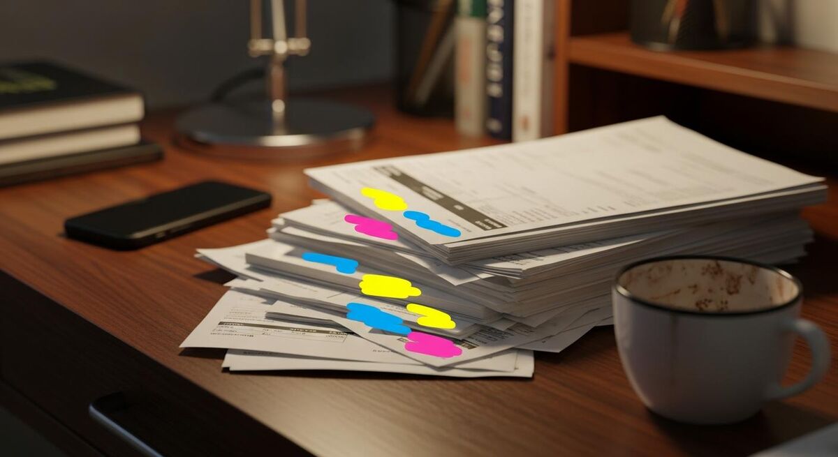 Stack of unpaid invoices on a cluttered desk with a mobile phone showing missed calls