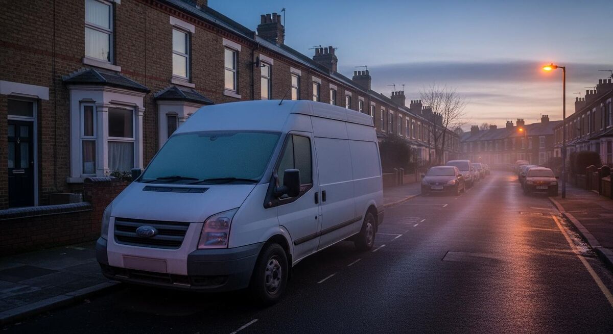 Frosty van windscreen on a dark winter morning in a residential street