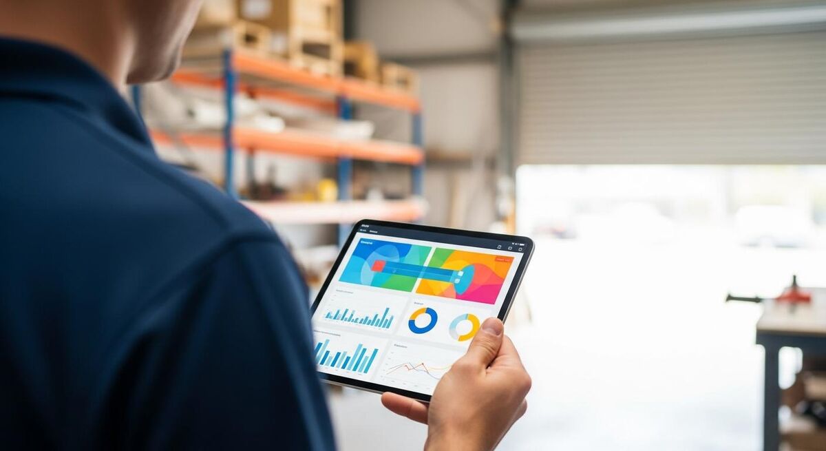 Tradesperson reviewing financial dashboard on a tablet in a workshop