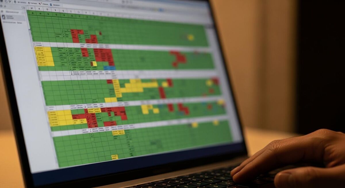 Close-up of a laptop showing a simple spreadsheet with weekly cash flow columns