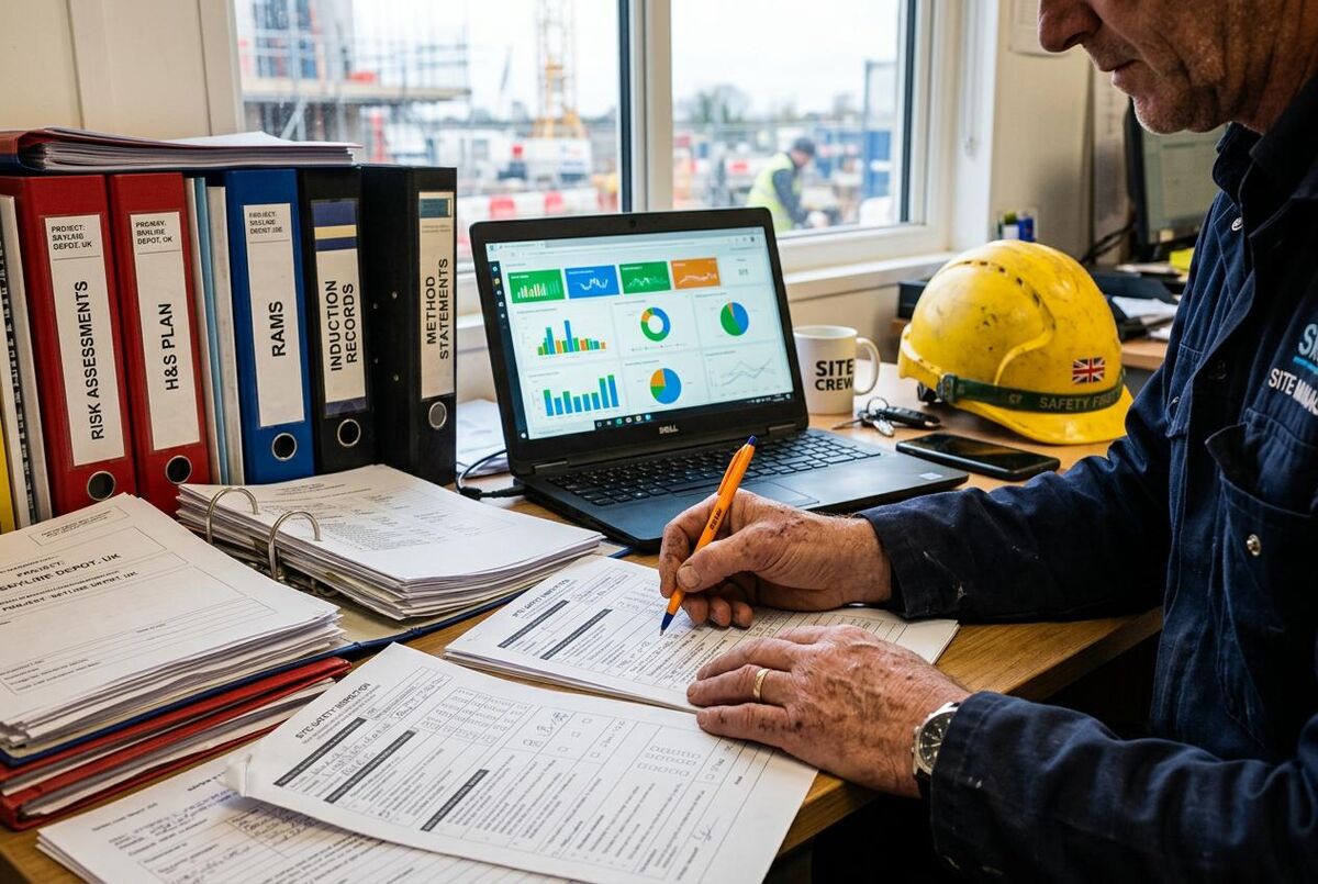 Site manager completing CDM documentation and F10 notification at a construction site office
