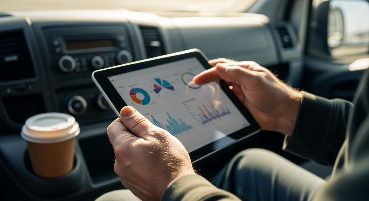 Close-up of tradesperson's hands using a tablet showing colourful charts while sitting in a work van