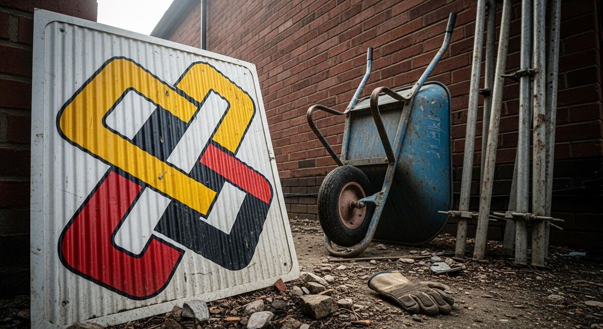 Construction site safety sign with abstract symbols beside a wheelbarrow and scaffold poles on a small UK building project
