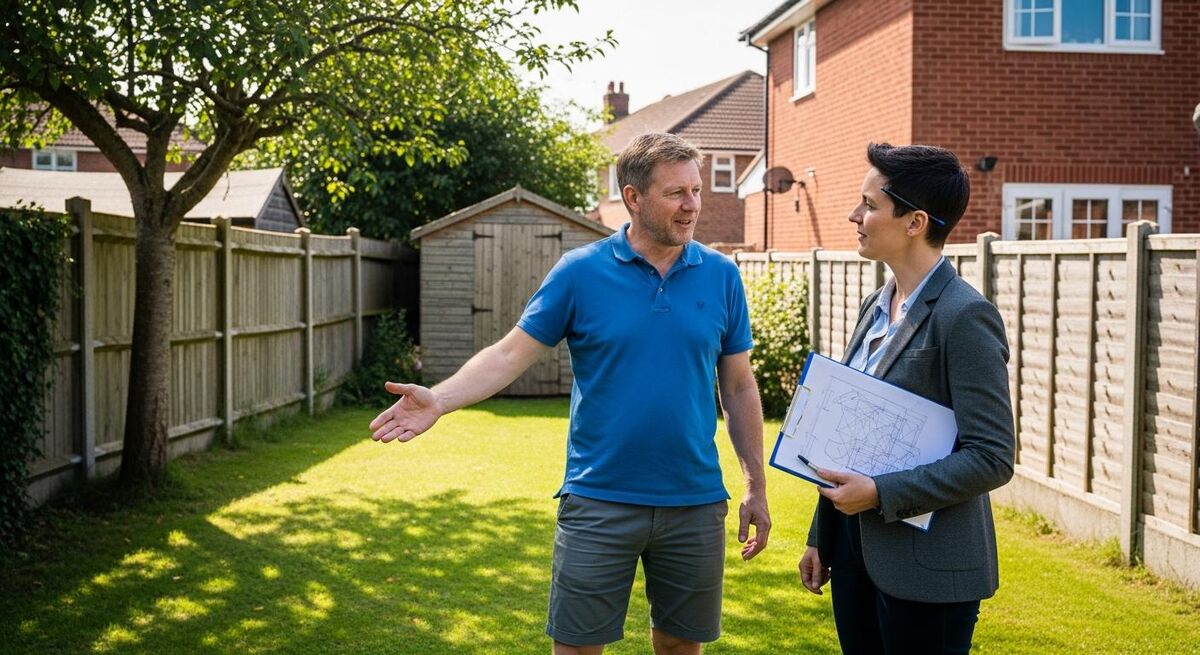 Homeowner and architect discussing building plans in a back garden with a UK semi-detached house and wooden fence visible