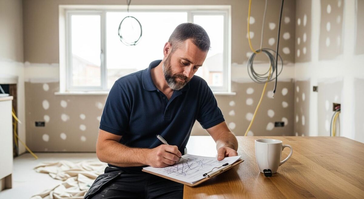 Builder in navy polo shirt filling in a clipboard document at a kitchen table in a mid-renovation home