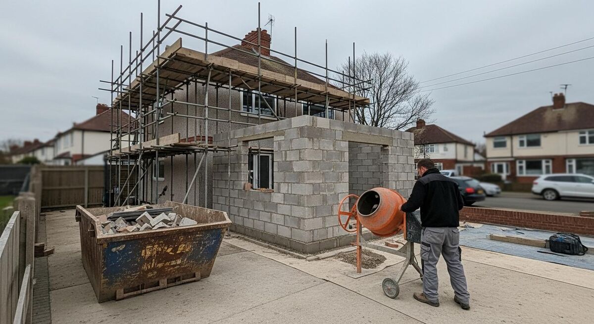 Small domestic building extension in progress with scaffolding, blockwork walls, skip and a single worker operating a cement mixer on a UK suburban street