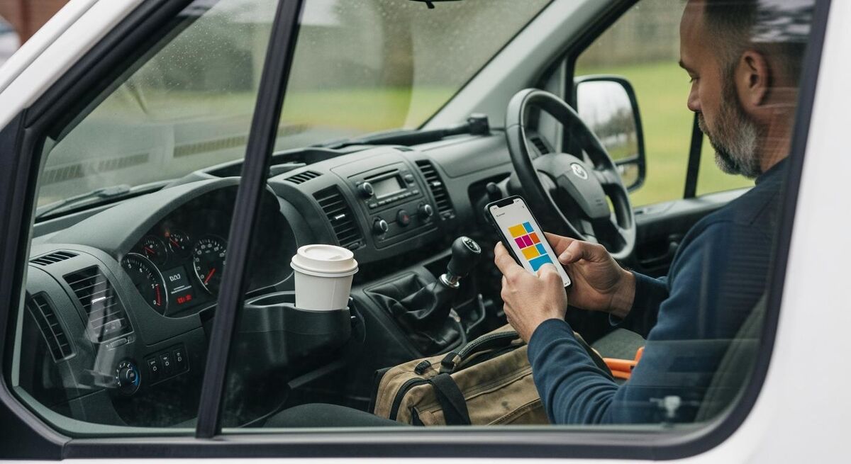 Tradesperson reviewing job leads on a tablet in a van