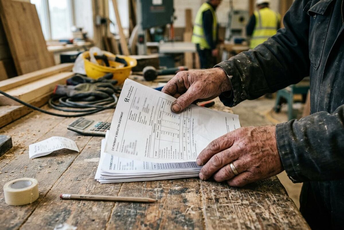 Construction worker sorting through CIS payment and deduction statements on a workbench