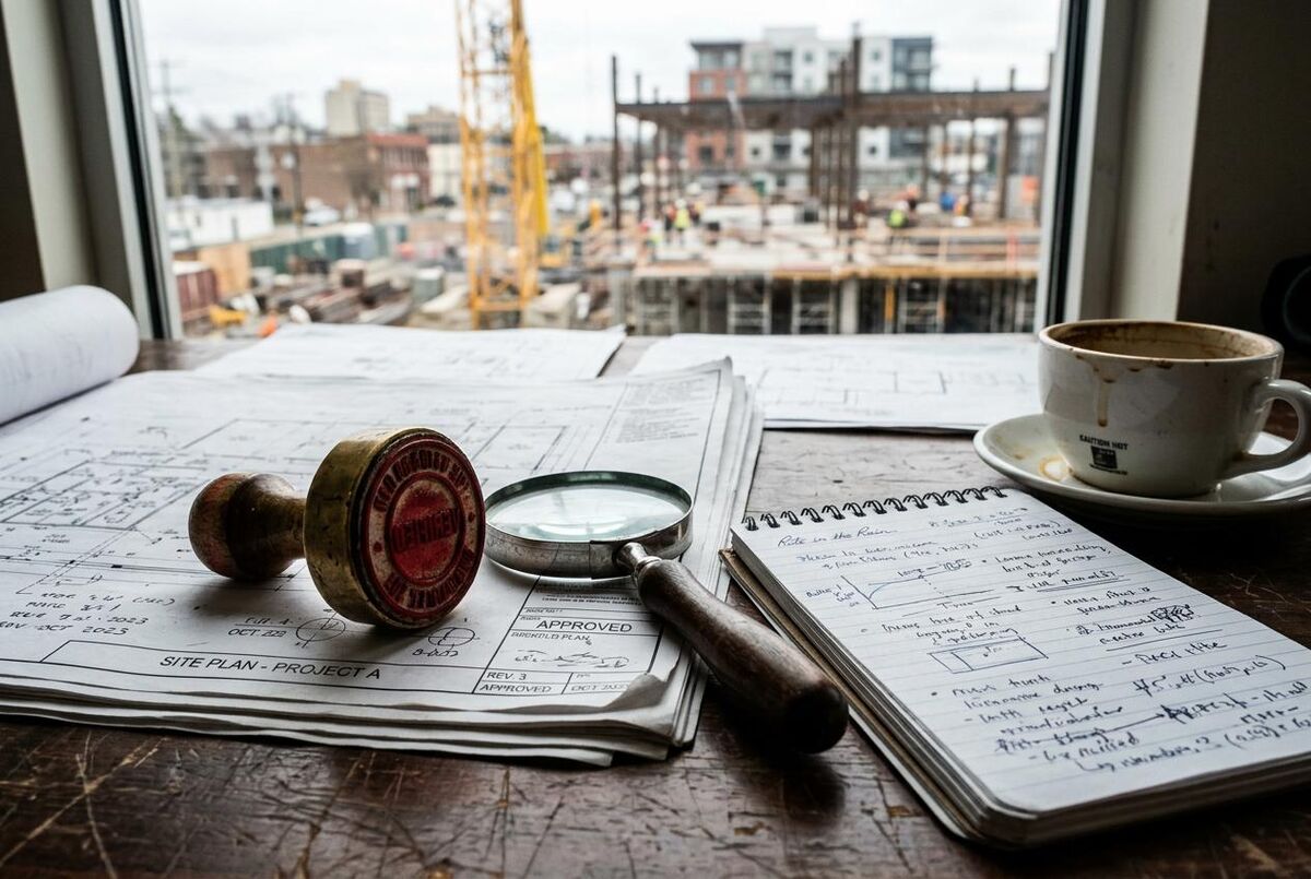 Close-up of a verification stamp and magnifying glass on construction paperwork with a building site visible through a window