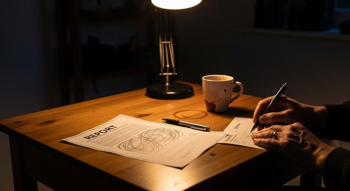 A small business owner reviewing a printed weekly report on a workshop desk