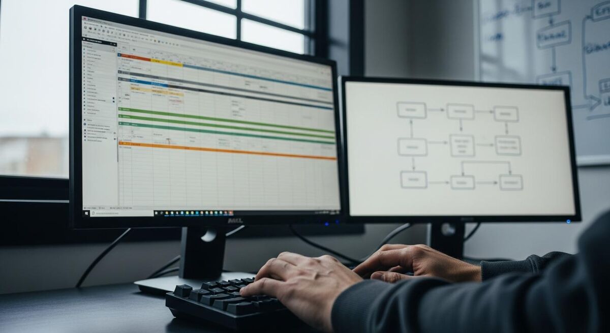 Office manager configuring job management software on a desktop computer
