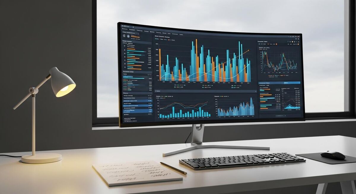 Spreadsheet on a monitor showing financial data with bar charts and percentages in a small office