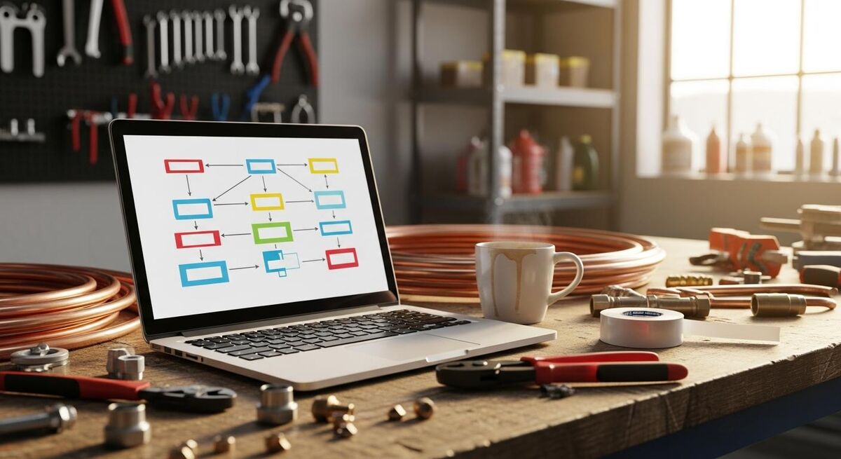 Laptop showing a visual workflow builder with connected automation nodes on a workbench