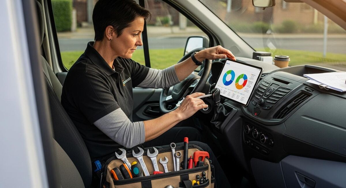 Plumber reviewing financial reports on a tablet in a van between jobs