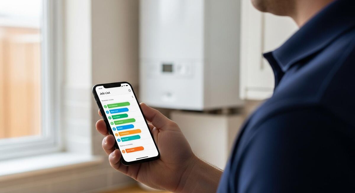 Engineer using a job management app on a phone at a customer property