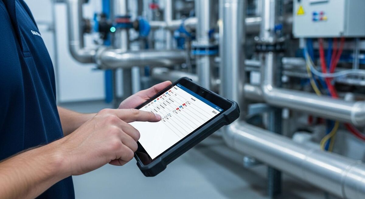Engineer completing a compliance certificate on a tablet at a commercial property