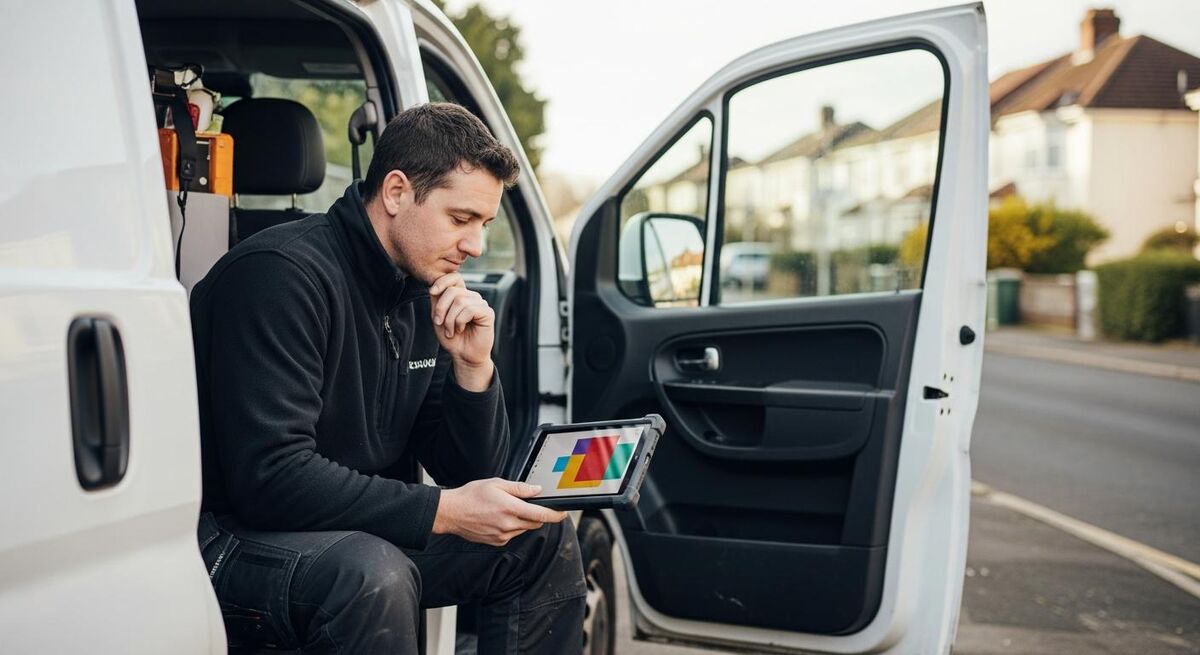 Engineer reviewing a job schedule on a tablet in a service van