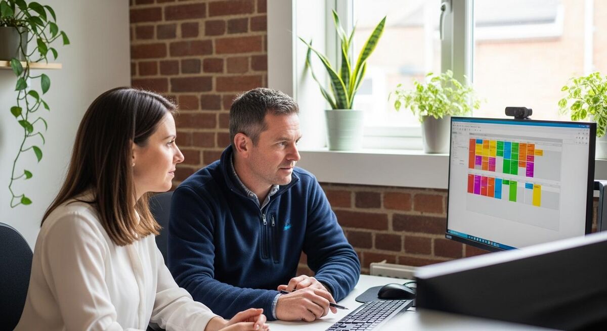 Office manager and engineer reviewing schedule on a screen in a small trade office
