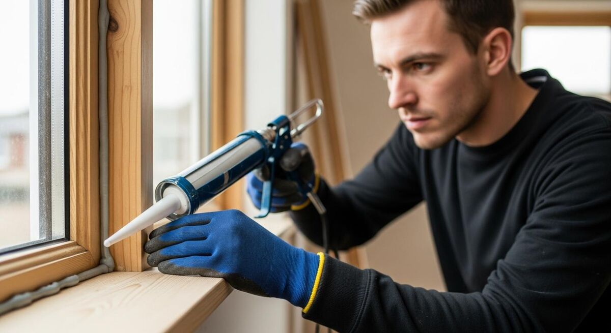 Carpenter applying hybrid polymer sealant from a cartridge gun to a window frame
