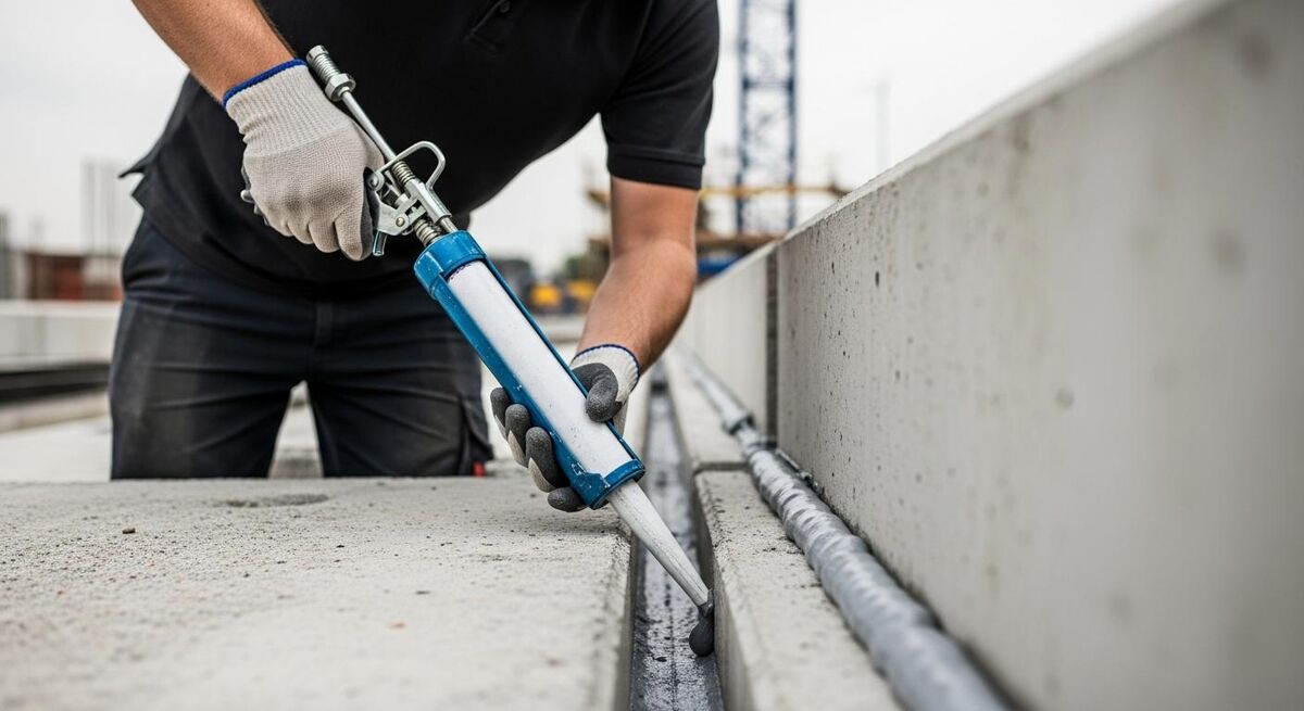 Polyurethane sealant being applied to a concrete expansion joint on a UK construction site