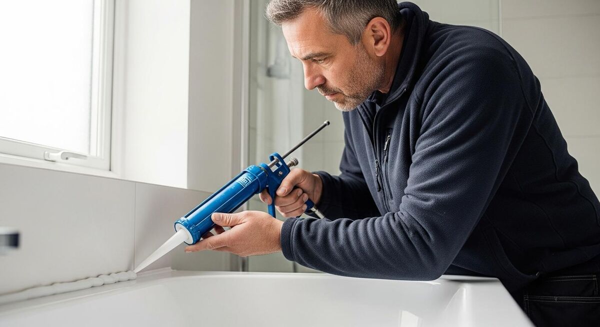 Plumber applying silicone sealant around a bath edge in a UK bathroom