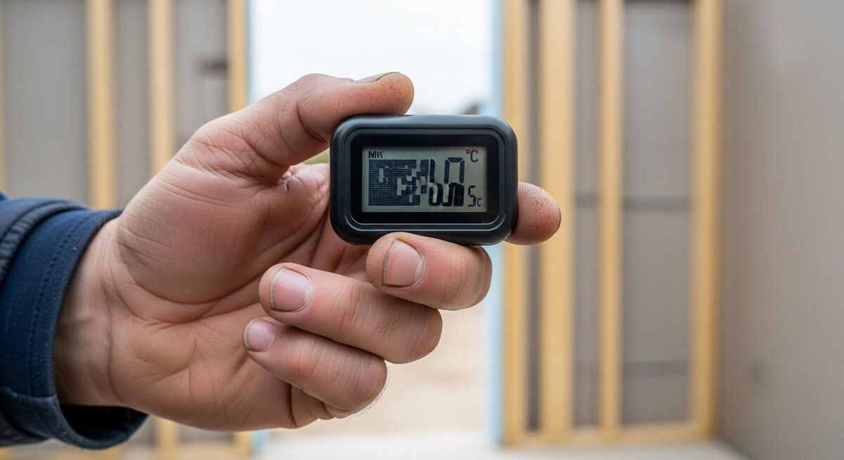 Tradesperson reading a temperature and humidity meter on a UK construction site